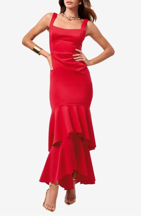 Red Tiered Ruffle Cocktail Dress
