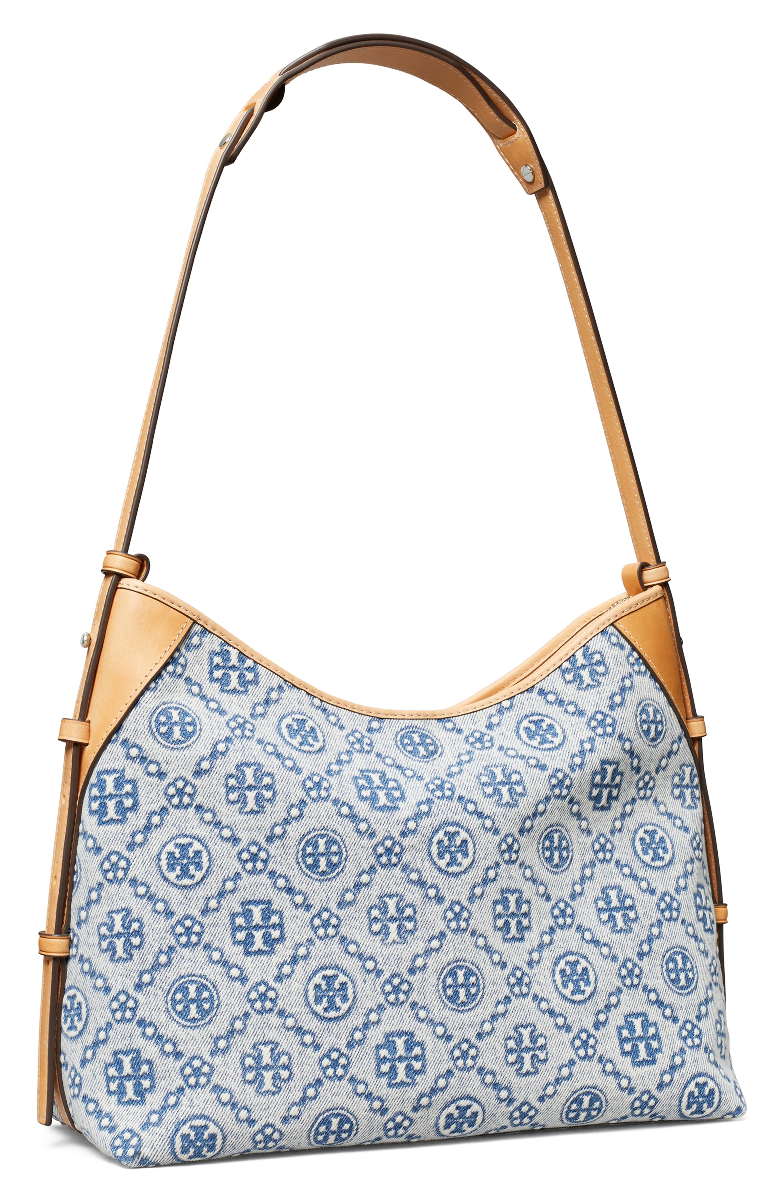 Tory Burch T Monogram Denim Messenger Bag, Alternate, color, Powder Blue