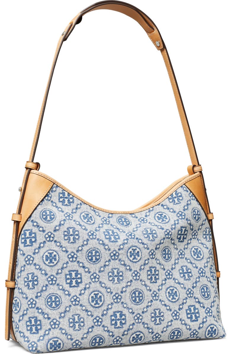 Tory Burch T Monogram Denim Messenger Bag, Alternate, color, Powder Blue