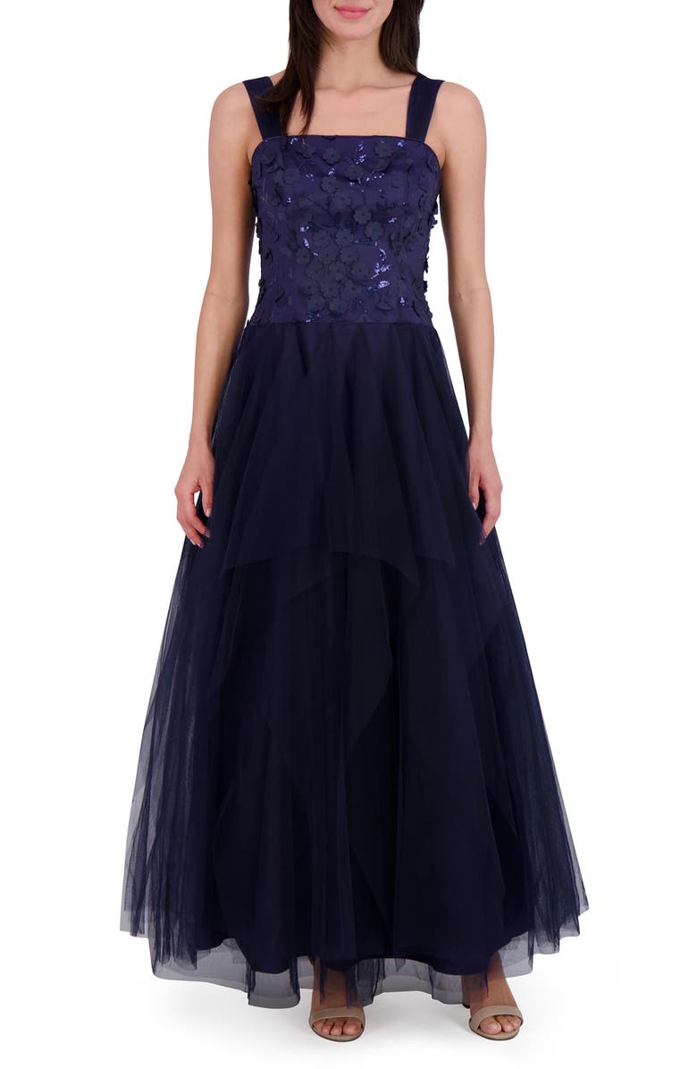 Eliza J Sequin & Floral Appliqué Tulle Dress, Main, color, 