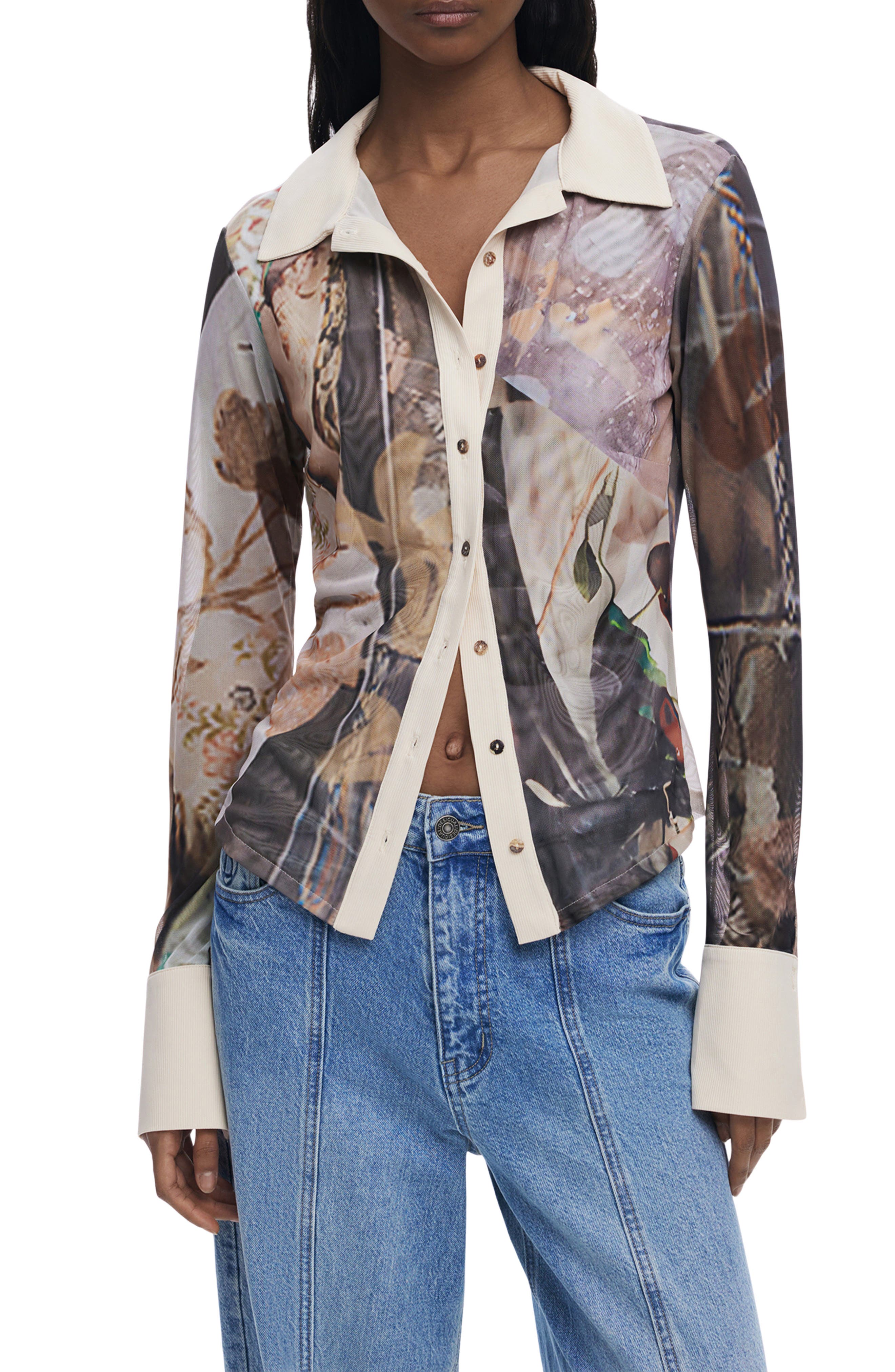 Rib Trim Mesh Button-Up Shirt