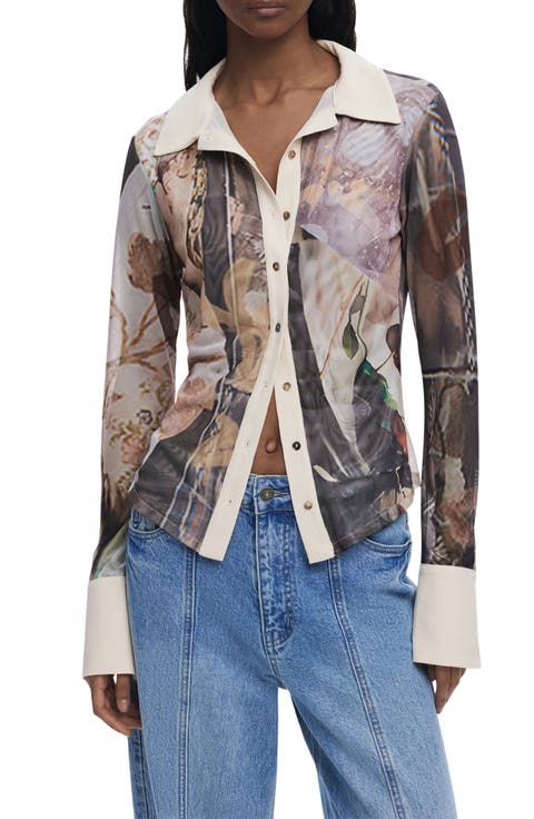 Rib Trim Mesh Button-Up Shirt