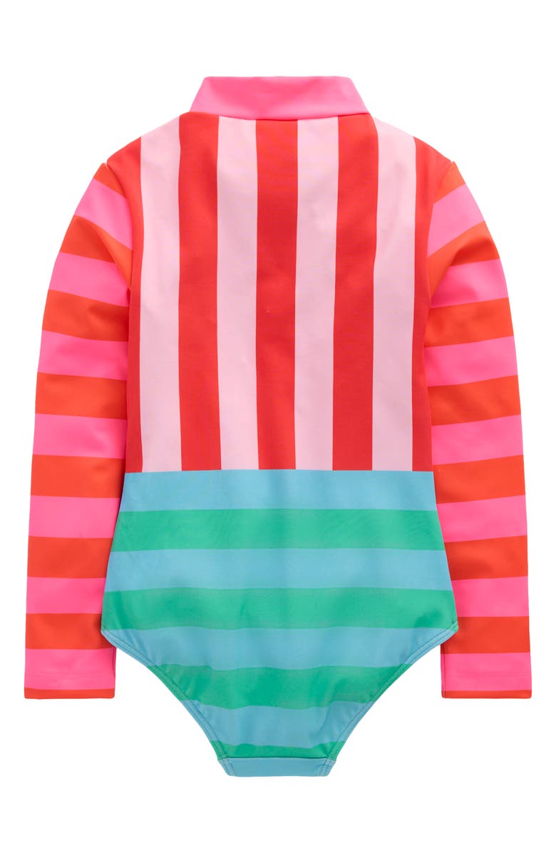 Mini Boden Kids' Long Sleeve Zip-Up One-Piece Rashguard Swimsuit, Alternate, color, Multi Hotchpotch Stripe