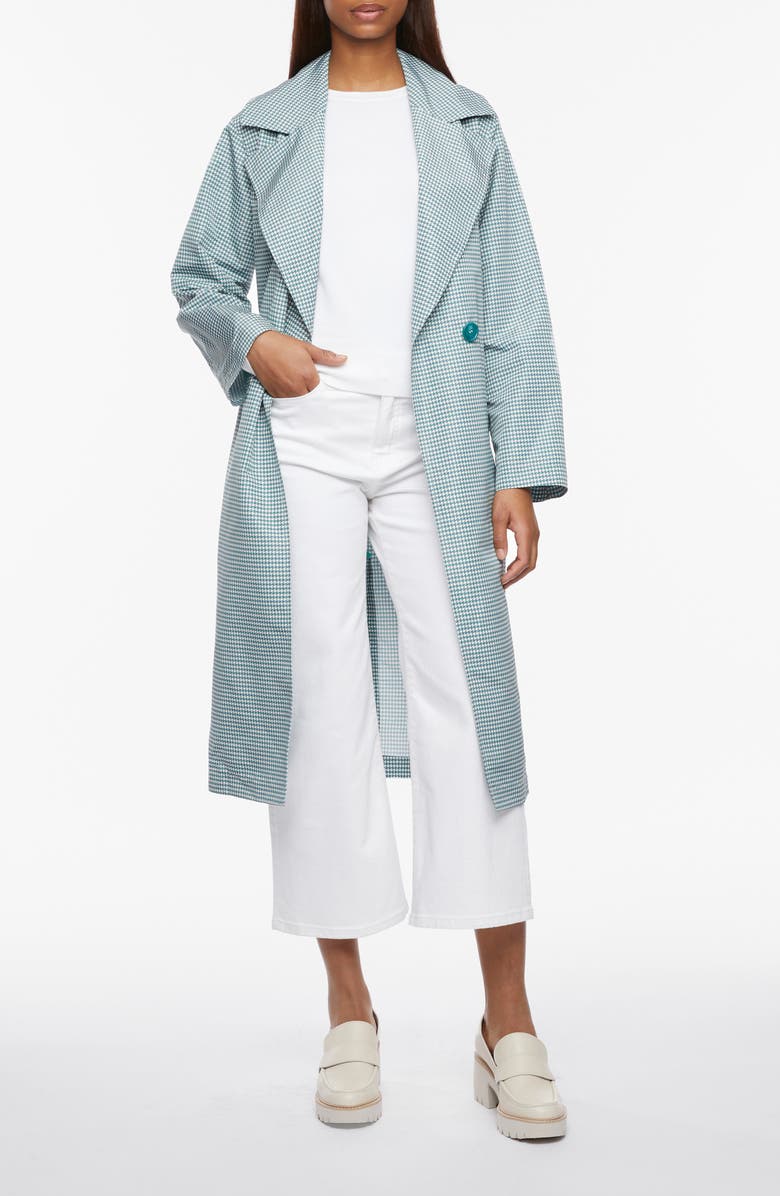 Bernardo Soft Touch Houndstooth Belted Trench Coat, Alternate, color, Teal Houndstooth Print