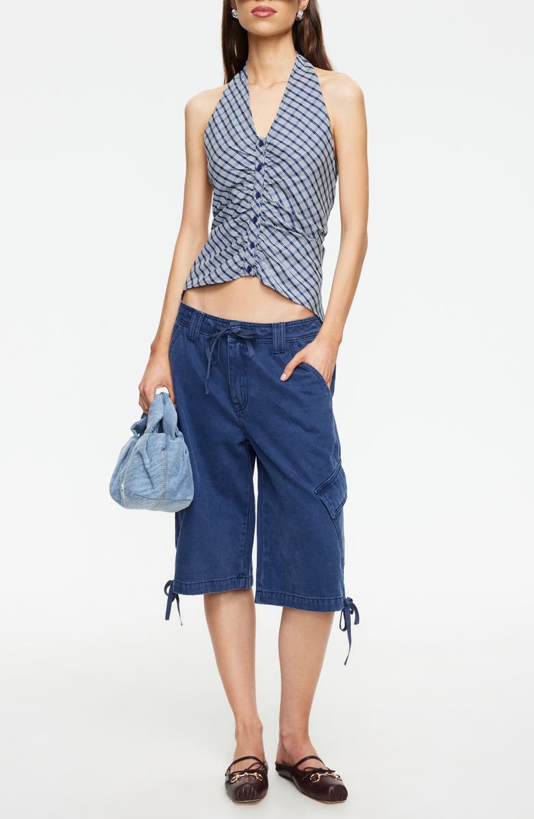 LIONESS Power Hour Rhinestone Detail Plaid Halter Top, Alternate, color, Navy Plaid