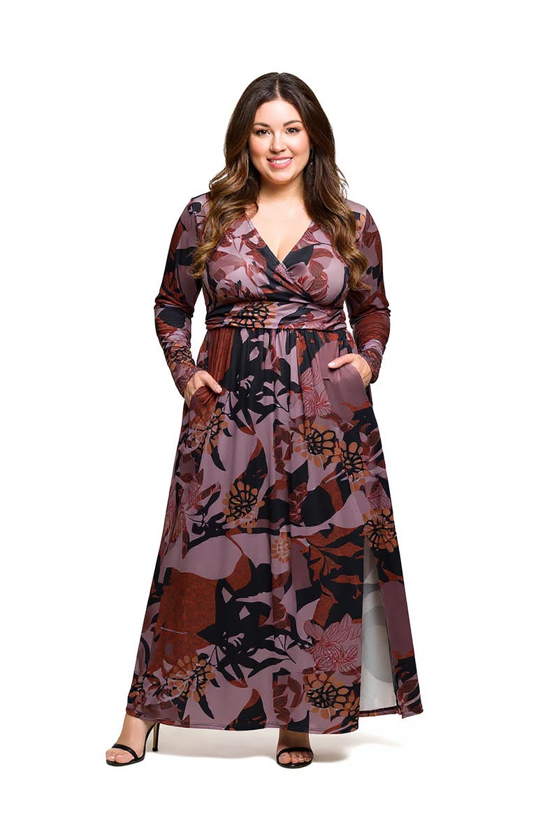 24seven Comfort Apparel Floral Print Long Sleeve Wrap Maxi Dress, Main, color, Grey Multi