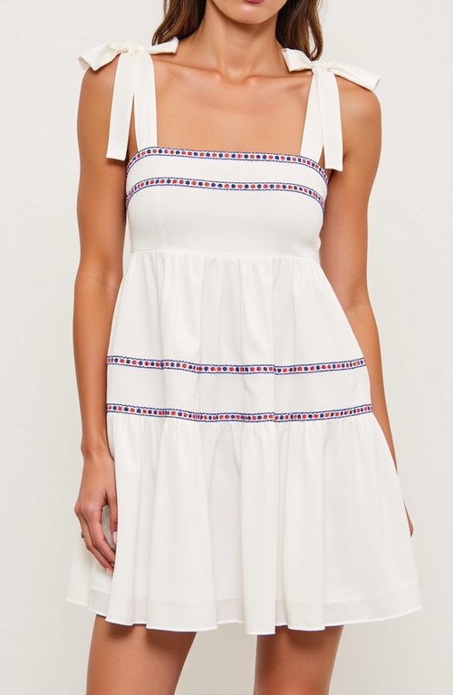 MODENAIRE MODENAIRE SLEEVELESS TIERED MINI DRESS WITH EMBROIDERED TRIM AND TIE STRAPS