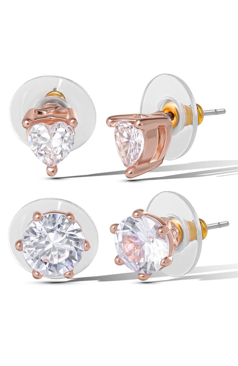 Jessica Simpson Heart and Round Crystal Stud Earring Set, 2 Pairs, Alternate, color, Gold Tone
