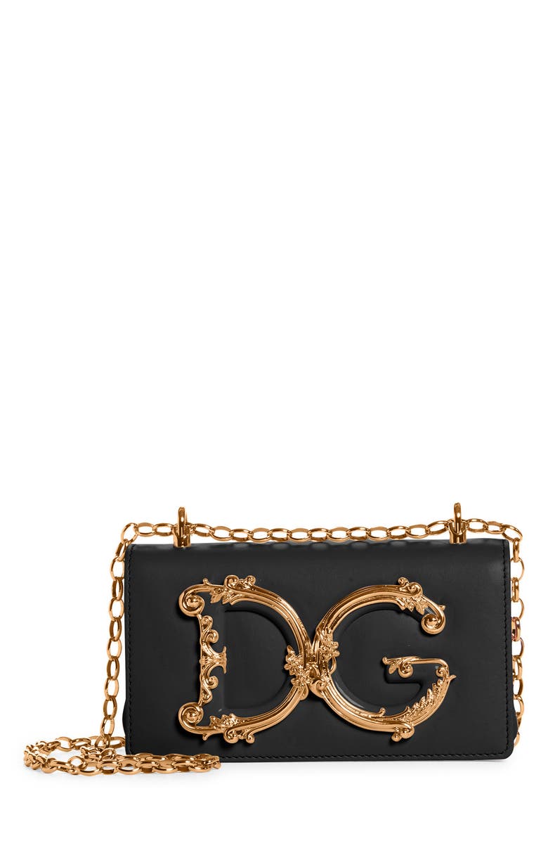 Dolce&Gabbana Girls Logo Leather Phone Crossbody Bag, Main, color, Nero