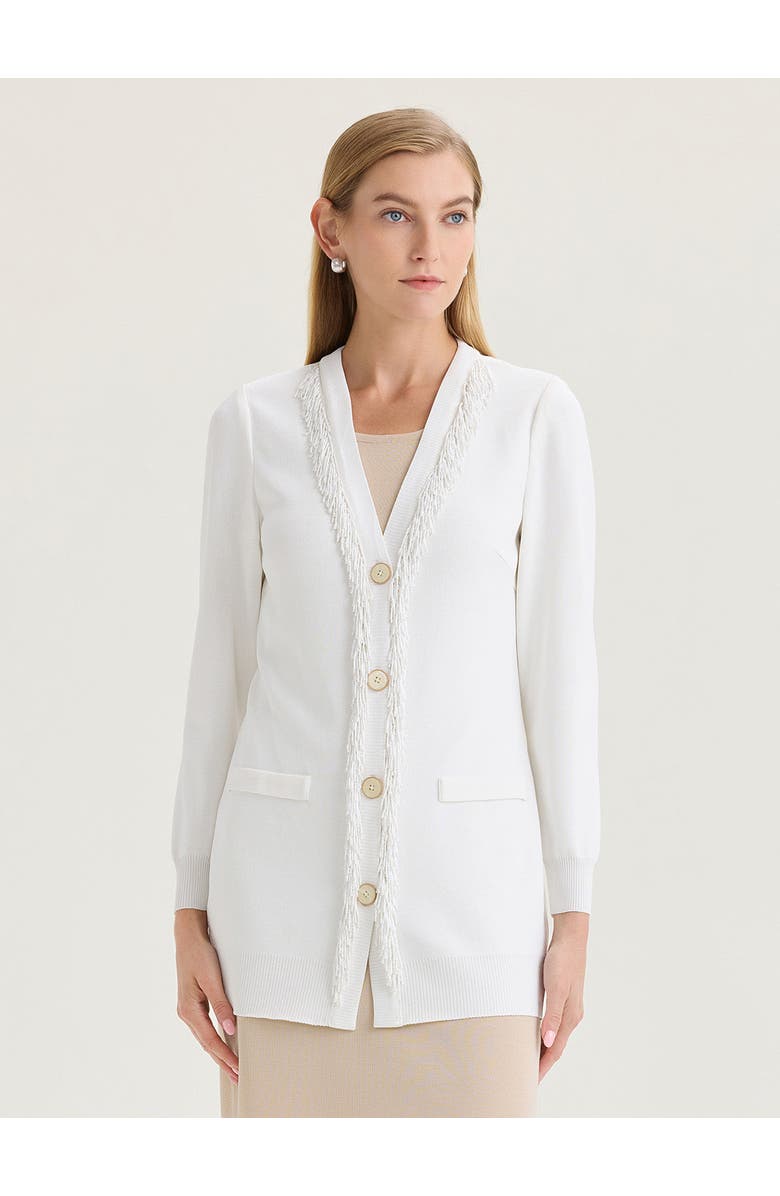 Misook Heritage Beaded Trim Flat Knit Cardigan, Main, color, White