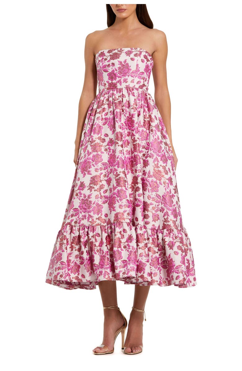 Mac Duggal Floral Brocade Strapless A Line Midi Dress, Main, color, Pink Multi