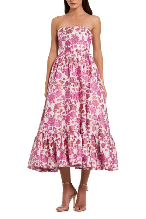 Floral Brocade Strapless A Line Midi Dress