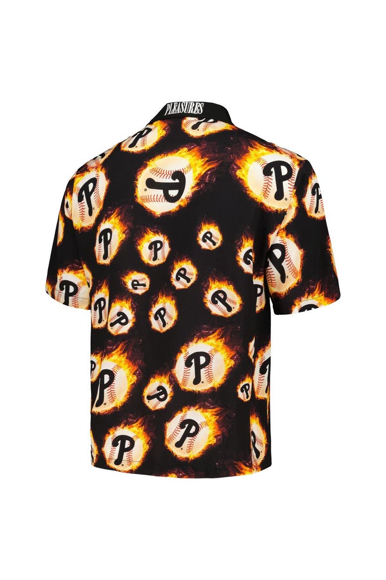 Men's PLEASURES  Black Philadelphia Phillies Flame Fireball Button-Up Shirt, Alternate, color, Black