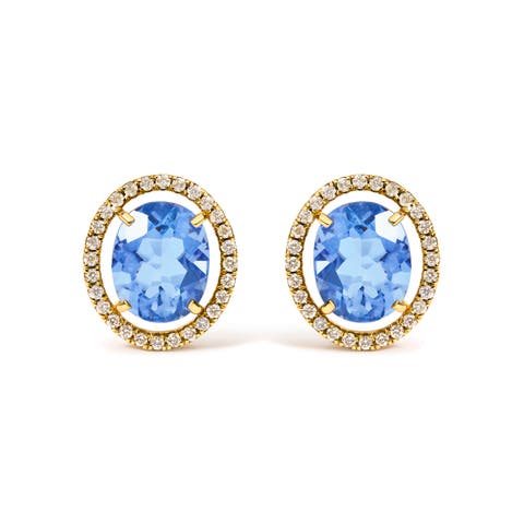 18K Yellow Gold 8X10 MM Blue Fluorite Oval and 1/2 Cttw Diamond Halo Stud Earrings