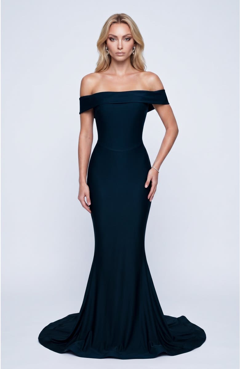 Jessica Angel Off The Shoulder Sculpted Mermaid Evening Gown, Alternate, color, Black