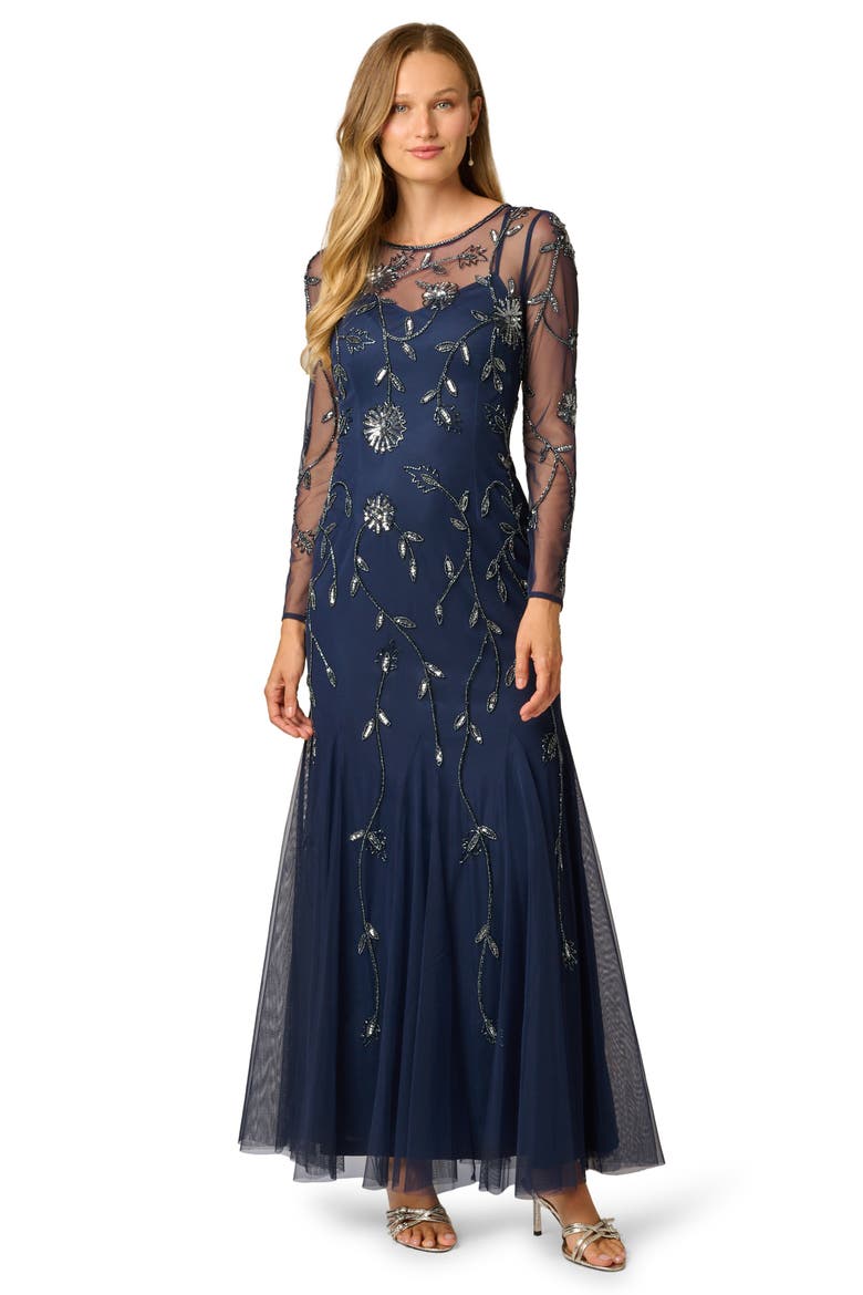 Beaded Floral Long Sleeve Mesh Gown, Alternate, color, LIGHT NAVY