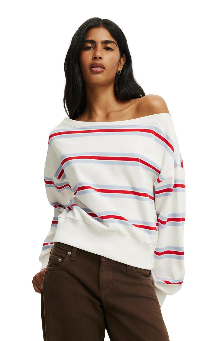 Cotton On Women's Relaxed Off Shoulder Sweatshirt, Main, color, Cream Red Blue Multi Stripe