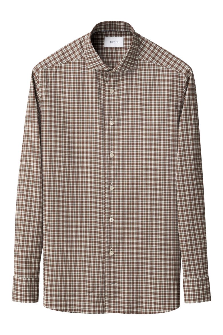 Slim Fit Brown Check Cotton Flannel Dress Shirt, Alternate, color, MEDIUM BROWN
