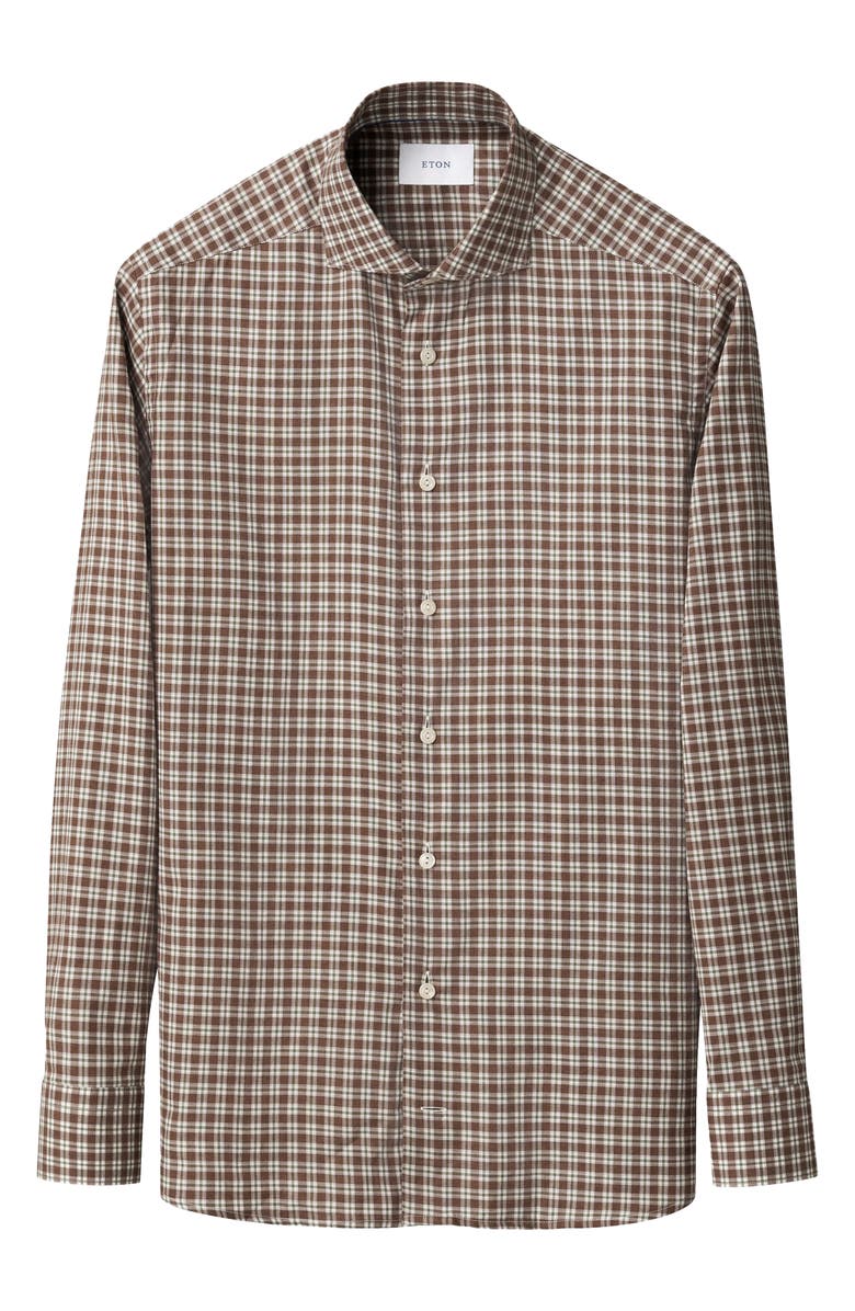 Eton Slim Fit Brown Check Cotton Flannel Dress Shirt, Alternate, color, Medium Brown
