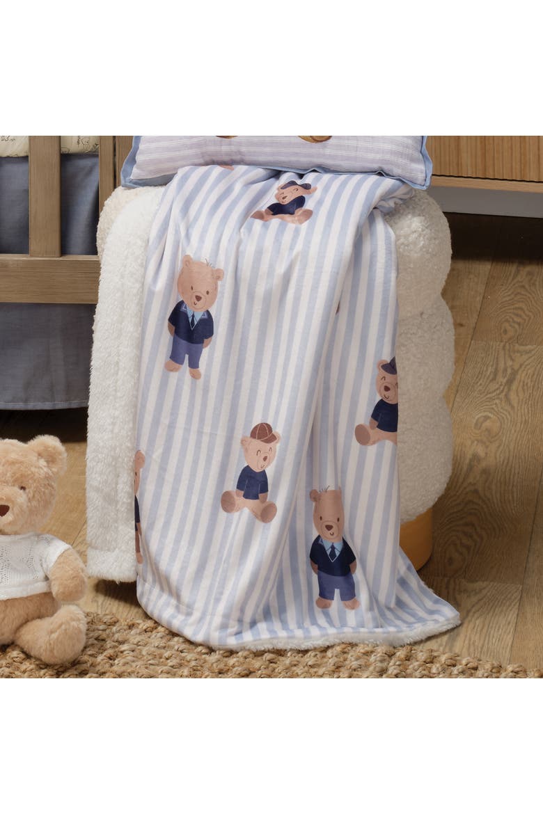 Blue Stripe Minky/Faux Shearling Sweater Bear Baby Blanket, Alternate, color, Blue