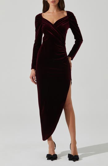 Astr The Label Sirica Off The Shoulder Asymmetric Velvet Dress In Burgundy