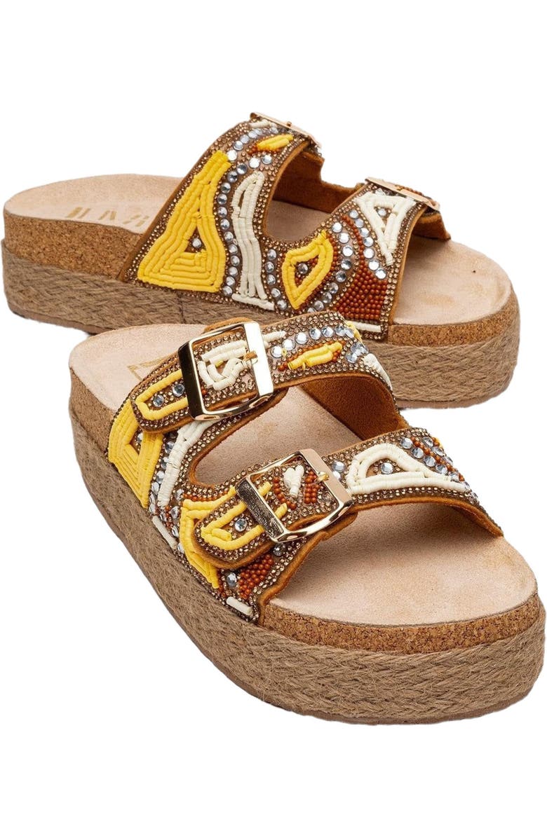 Prologue Shoes Bobby Beaded Straw Platform Slide Sandal, Main, color, Yellow Faux Leather