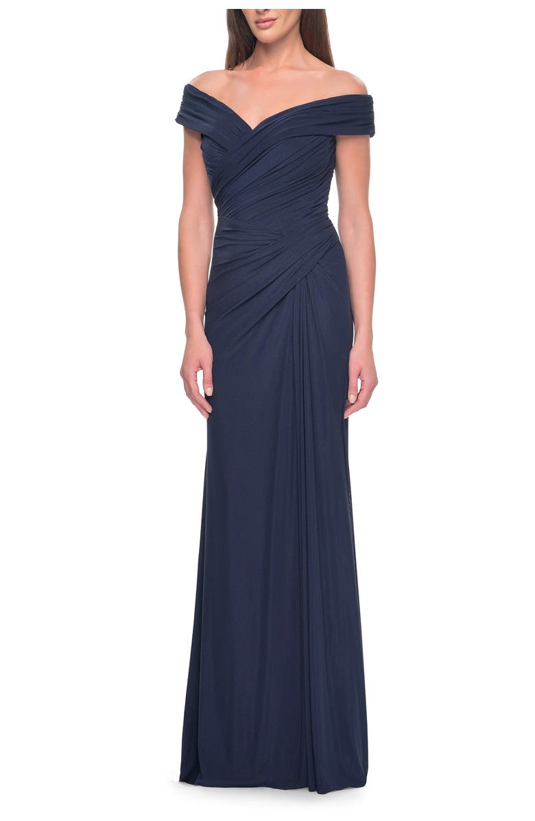 La Femme Off the Shoulder Jersey Evening Gown with Ruching, Alternate, color, Navy