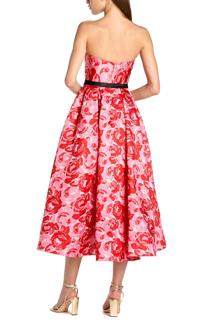 Brocade Strapless A Line Midi Dress With Satin Bow, Alternate, color, Red Multi
