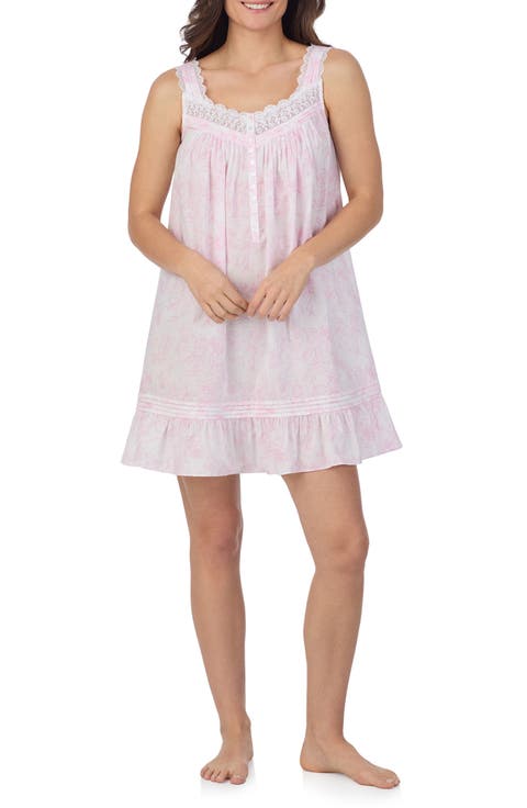 Floral Sleeveless Short Cotton Lawn Nightgown