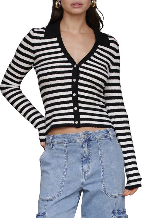 Striped Pointelle Polo Cardigan