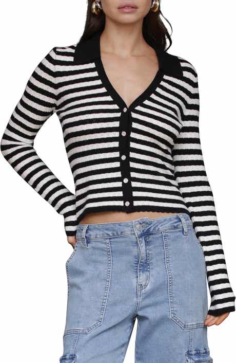 Avec Les Filles Striped Pointelle Polo Cardigan