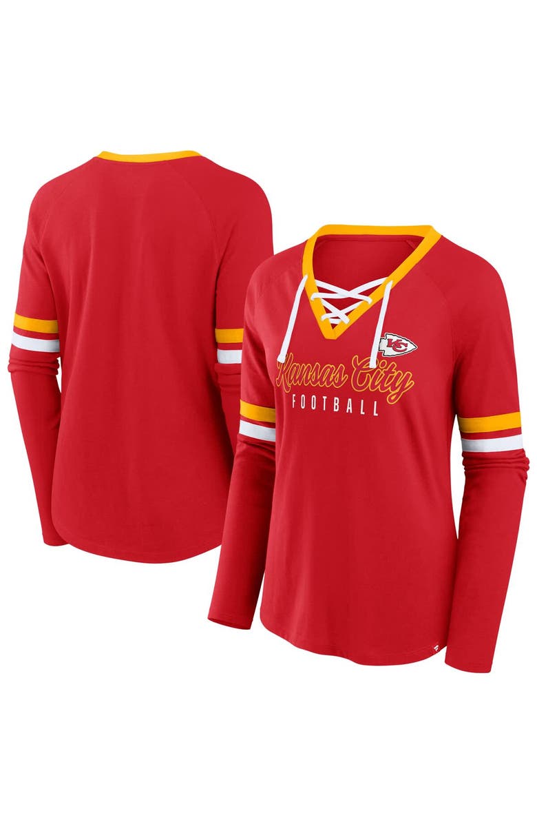 FANATICS Women's Fanatics Red Kansas City Chiefs Plus Size Lace-Up V-Neck Long Sleeve T-Shirt, Main, color,