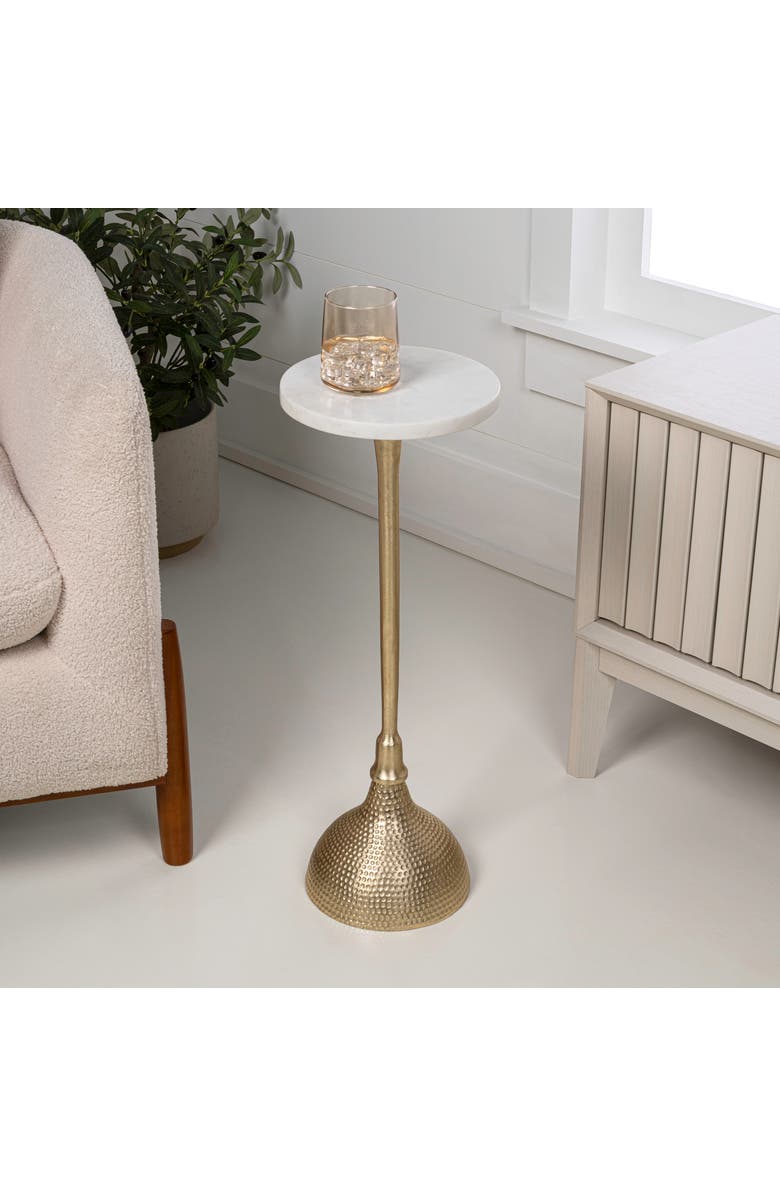 JONATHAN Y Ava 23.75" Art Deco Contemporary Metal Pedestal Drink Table and Decorative End Table with White Marble Round Top and Hammered Base, Alternate, color, Gold