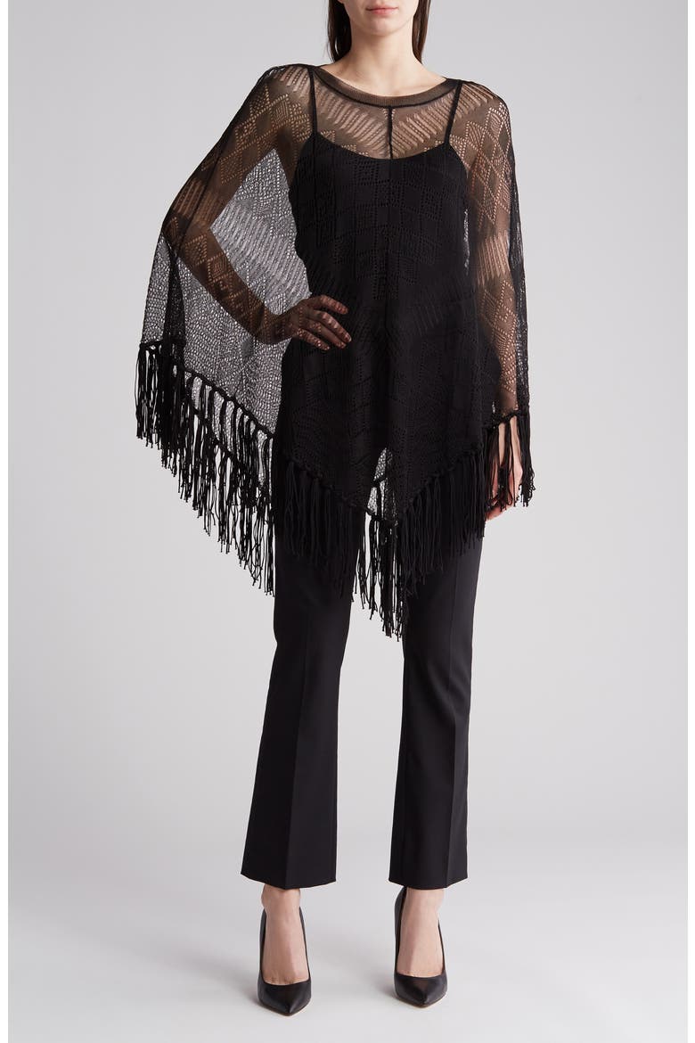 Fringe Silk Sweater Poncho, Main, color, NERO