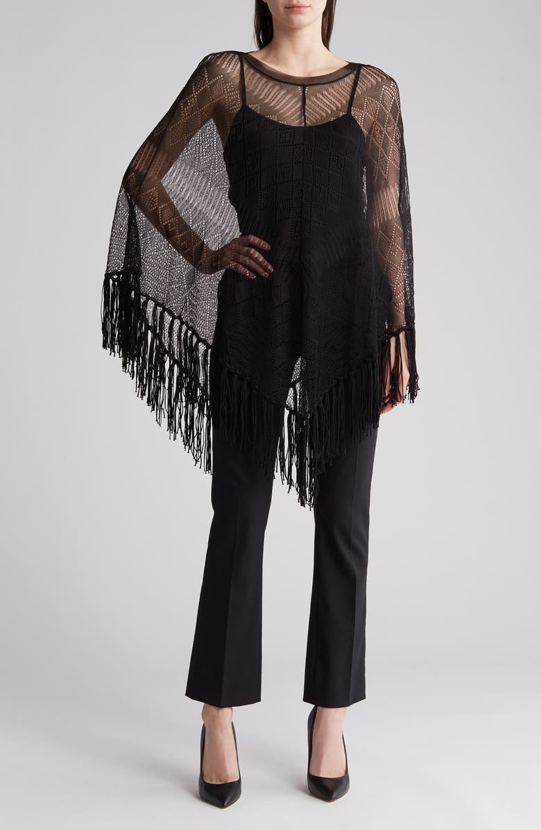 Valentino Fringe Silk Sweater Poncho, Main, color, 