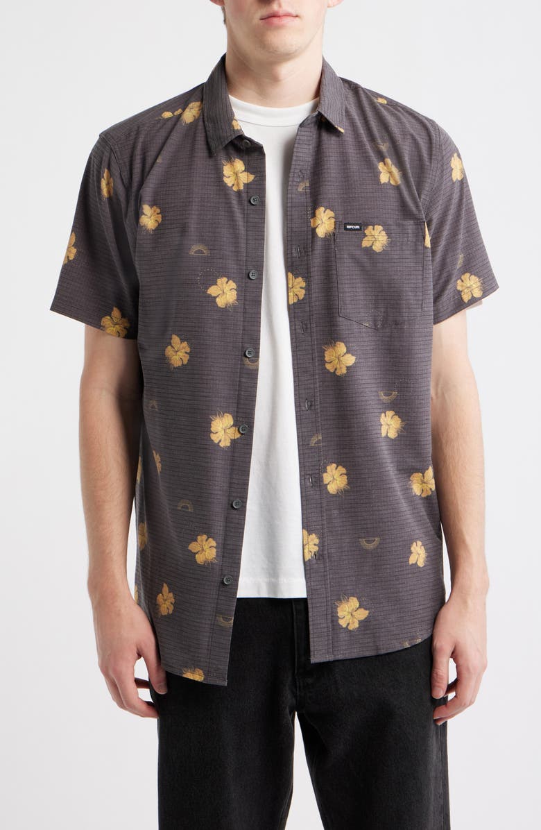 Rip Curl Sessions Aerotech Short Sleeve Performance Button-Up Shirt, Main, color, Washed Black