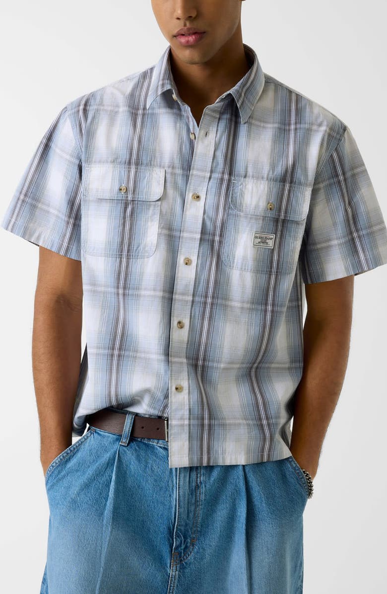 GUESS Boxi Plaid Crop Short Sleeve Cotton Button-Up Shirt, Main, color, 