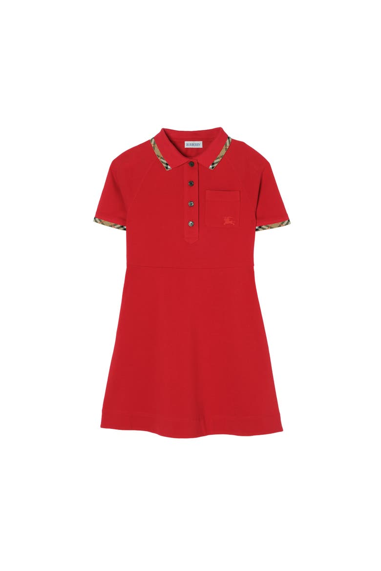 Girls' Check Trim Cotton Polo Shirt Dress, Main, color, Bright red