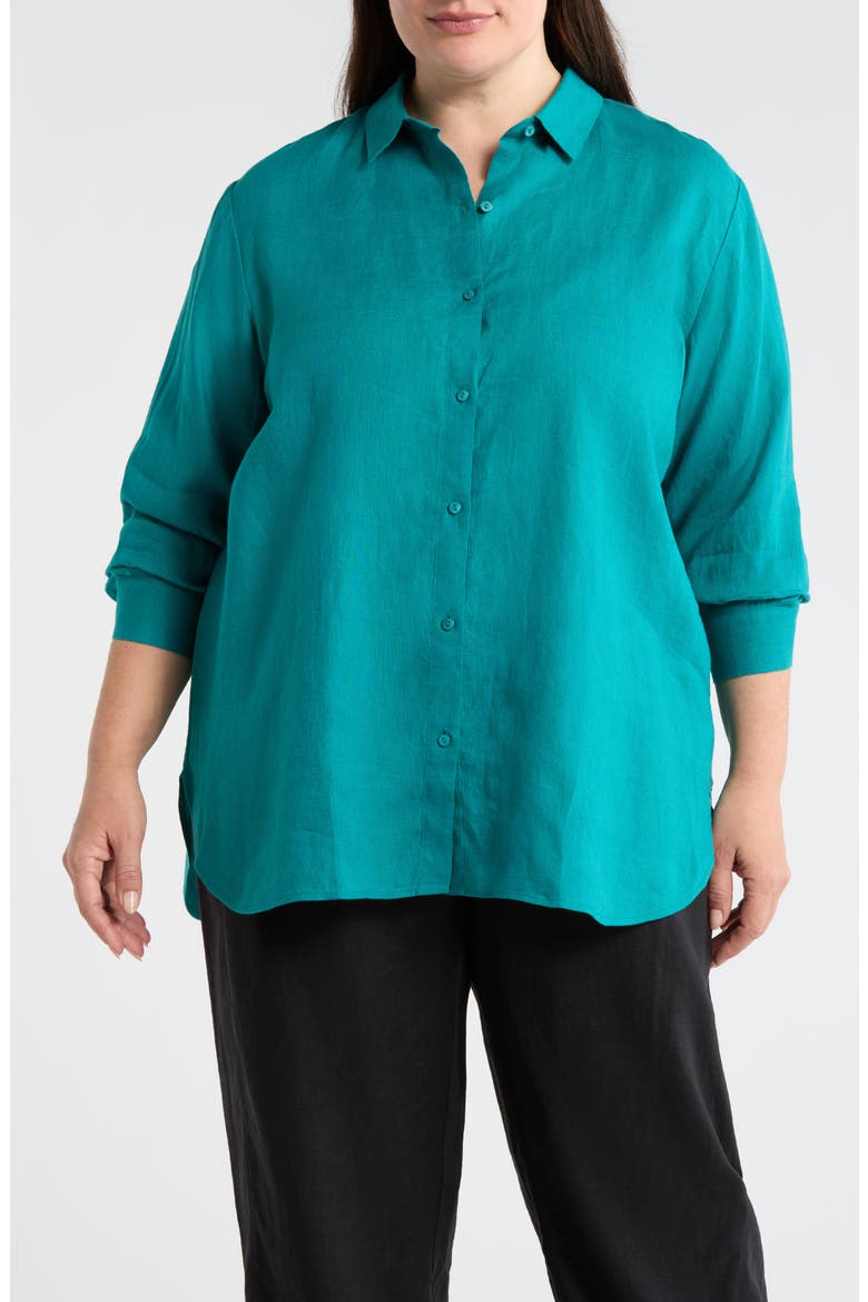 Classic Collar Organic Linen Long Button-Up Shirt, Main, color, TEAL