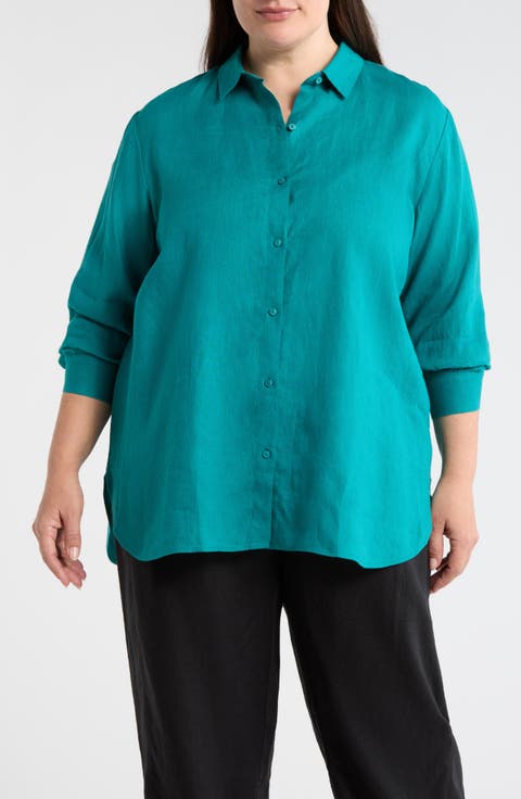 Classic Collar Organic Linen Long Button-Up Shirt (Plus)
