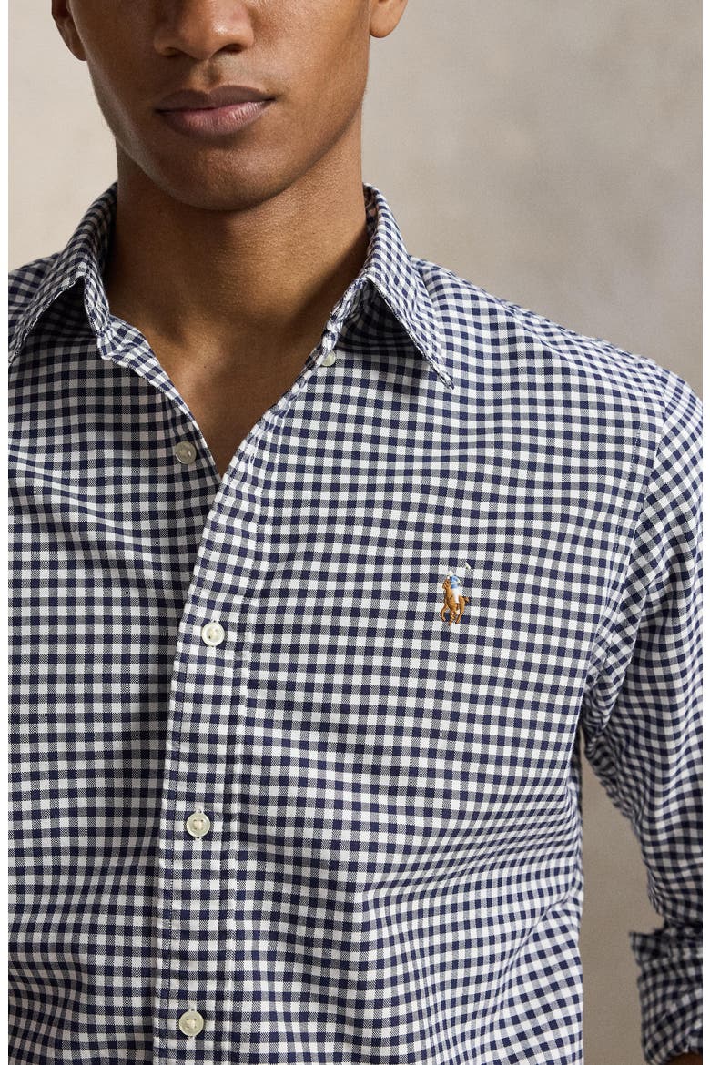 Gingham Long Sleeve Oxford Button Up Shirt, Alternate, color, NAVY/ WHITE