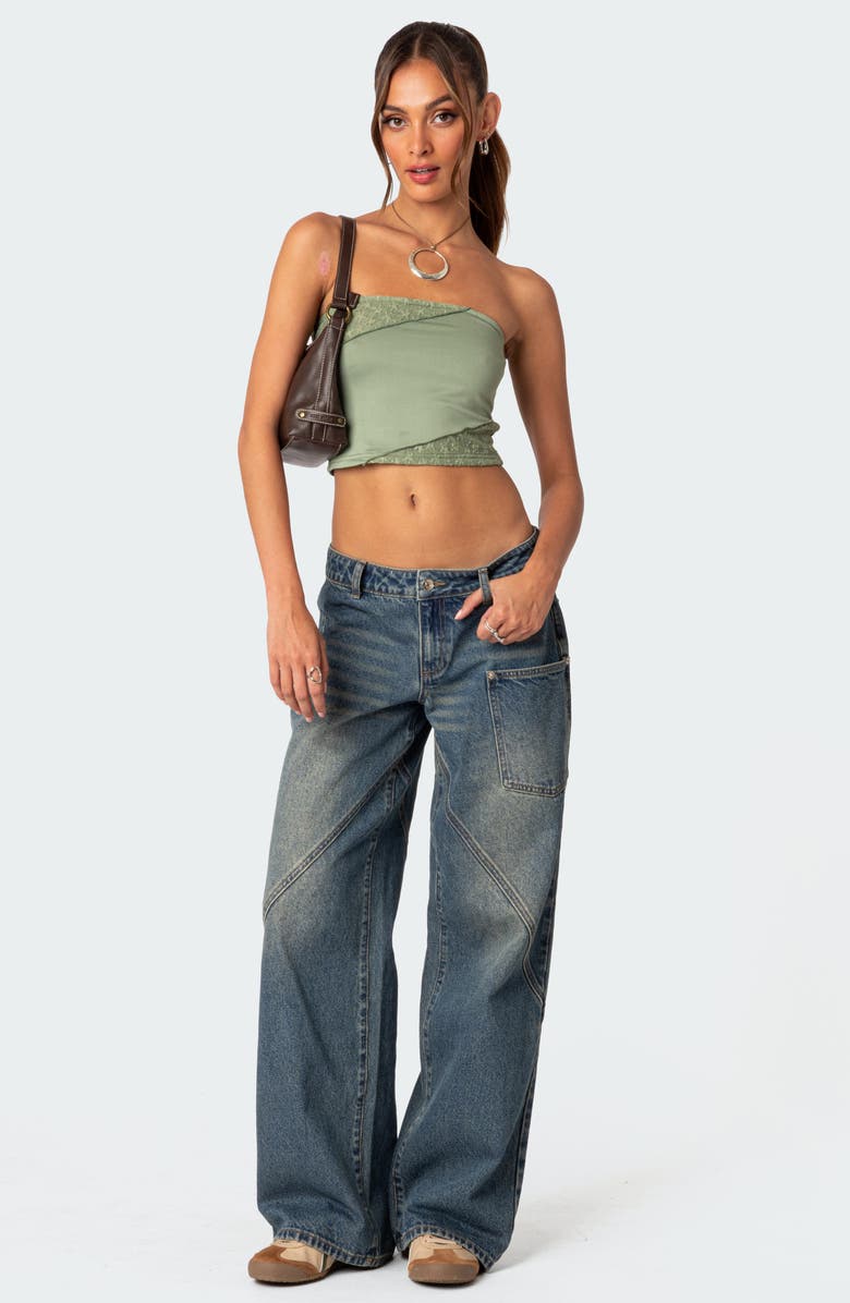 EDIKTED Lace Patchwork Crop Tube Top, Alternate, color, Green