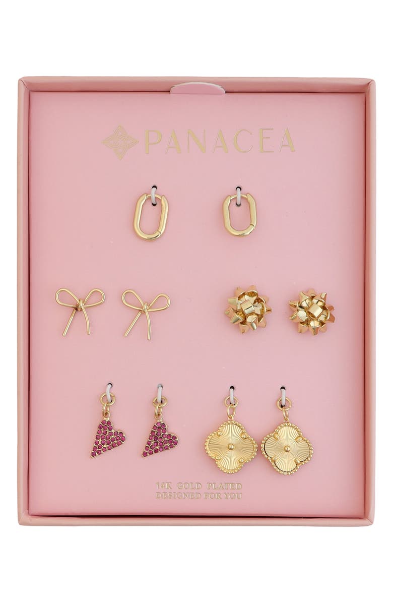 Panacea Set of 5 Bow Stud & Interchangeable Charm Huggie Hoop Earrings, Main, color, Pink