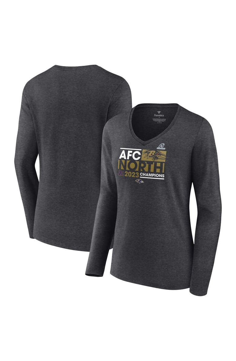 FANATICS Women's Fanatics Branded  Heather Charcoal Baltimore Ravens 2023 AFC North Division Champions Conquer Long Sleeve V-Neck T-Shirt, Main, color, 