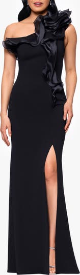 Satin Ruffle Detail Strapless Scuba Crepe Corset Gown