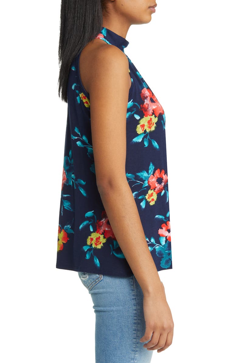 Loveappella Floral Cutout Mock Neck Halter Top, Alternate, color, Navy/ Coral