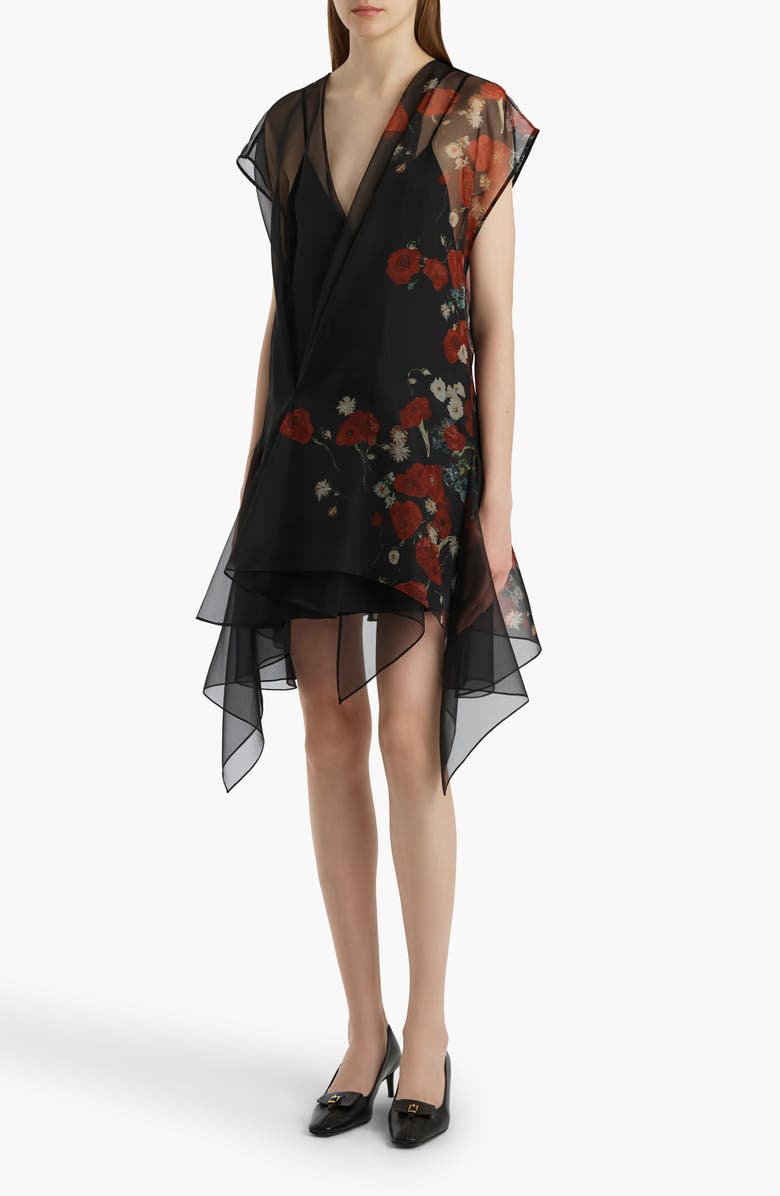 Khaite Merith Floral Sheer Handkerchief Hem Silk Organza Dress, Alternate, color, Black / Red