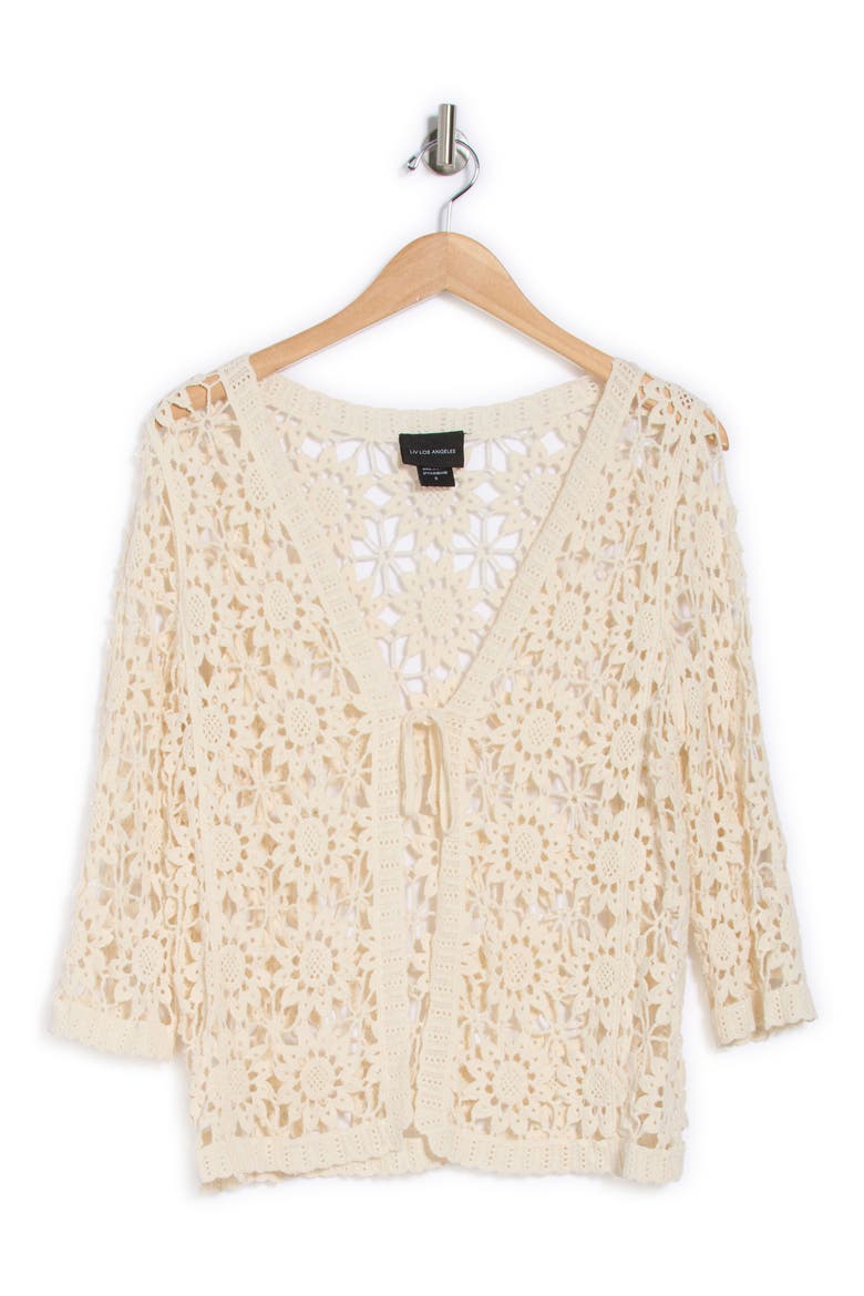 Cotton Floral Crochet Tie Front Cardigan, Alternate, color, NATURAL