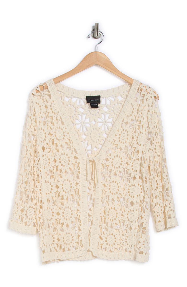 Forgotten Grace Cotton Floral Crochet Tie Front Cardigan, Alternate, color, Natural