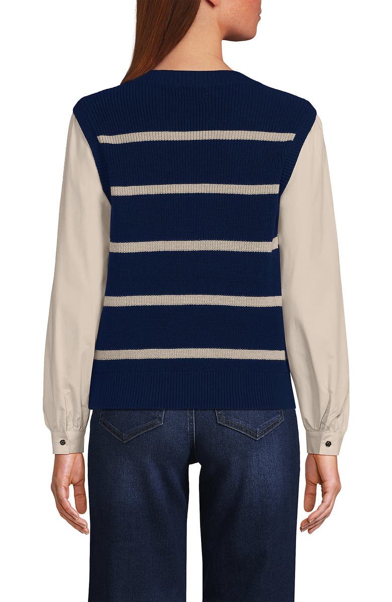 Lands' End Drifter Shaker Button Shoulder Sweater Vest with Poplin Sleeves, Alternate, color, Deep Sea Navy/Champagne Stripe